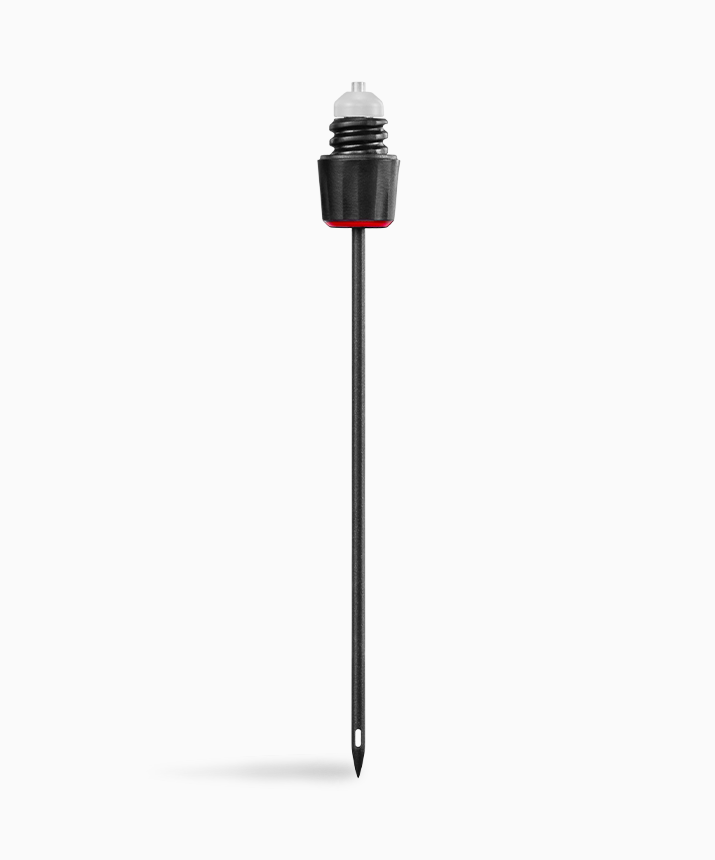 Black tent stake with a red accent and a white top, designed for securing tents or outdoor gear.