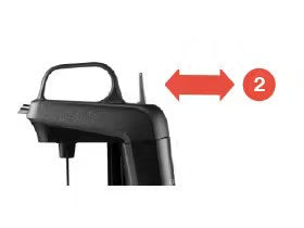 Top view of a hand mixer with a highlighted adjustment lever pointing left and right, marked with the number 2.