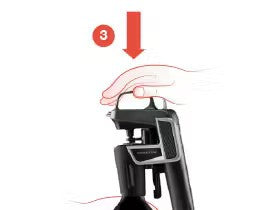 Hand pressing down on a bottle opener with an arrow pointing down, indicating step 3 of a usage guide.