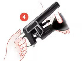 Hand holding a black tool with a funnel, labeled '4', demonstrating a step in a process or usage instructions.
