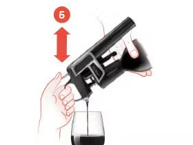 Wine aerator pouring wine into a glass, with an arrow indicating upward movement labeled "5."