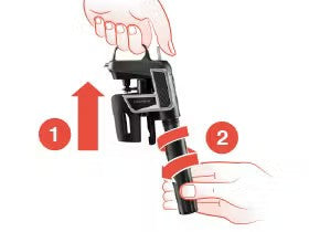 Diagram showing steps to use a device, with numbered instructions for lifting and twisting the handle.