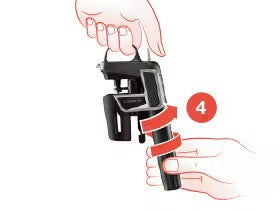 Hand holding a tool, demonstrating step 4 of an assembly or usage process with arrows indicating motion.