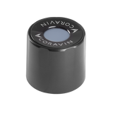 Black Coravin wine stopper with a circular top featuring a blue center and the Coravin logo.