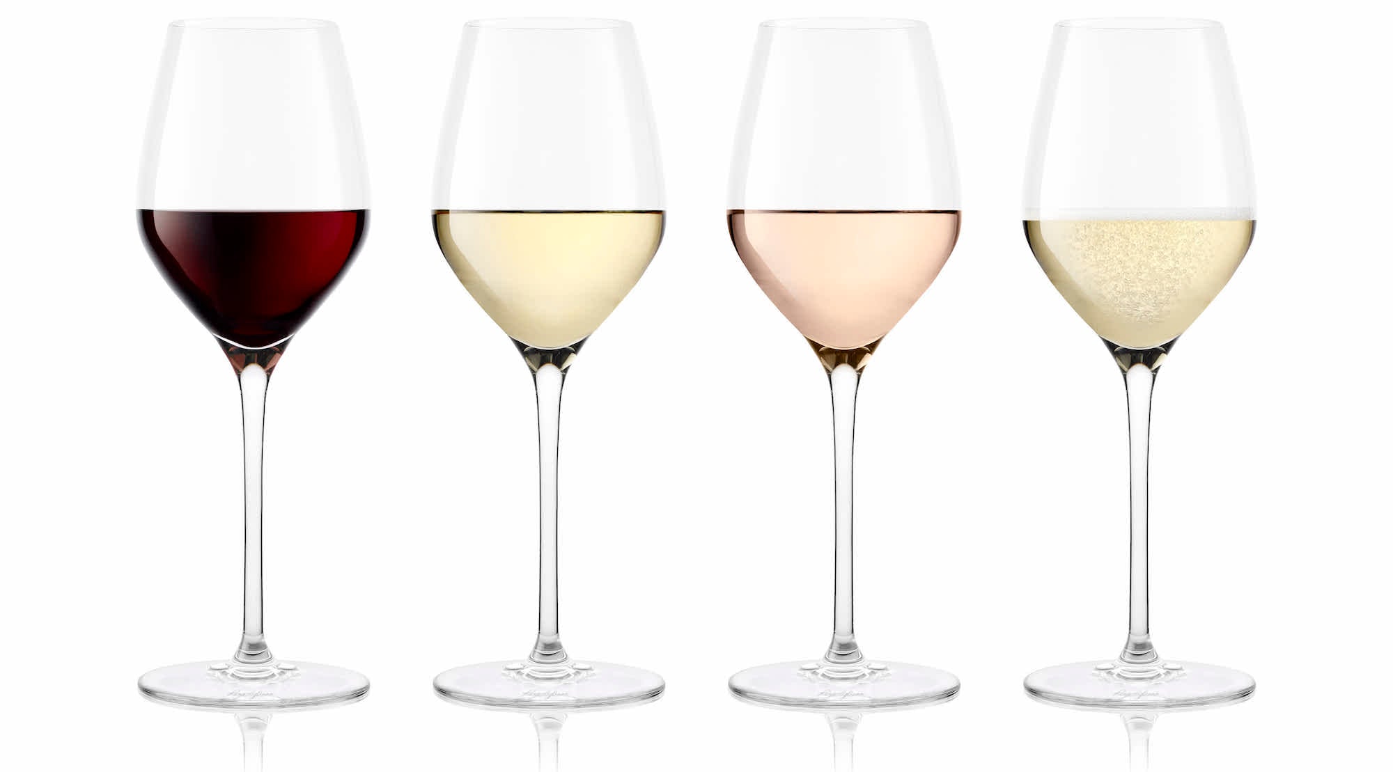 Four wine glasses in a row filled with different types of wine: red, white, rosé, and sparkling, each in a clear, elegant stemmed glass against a white background