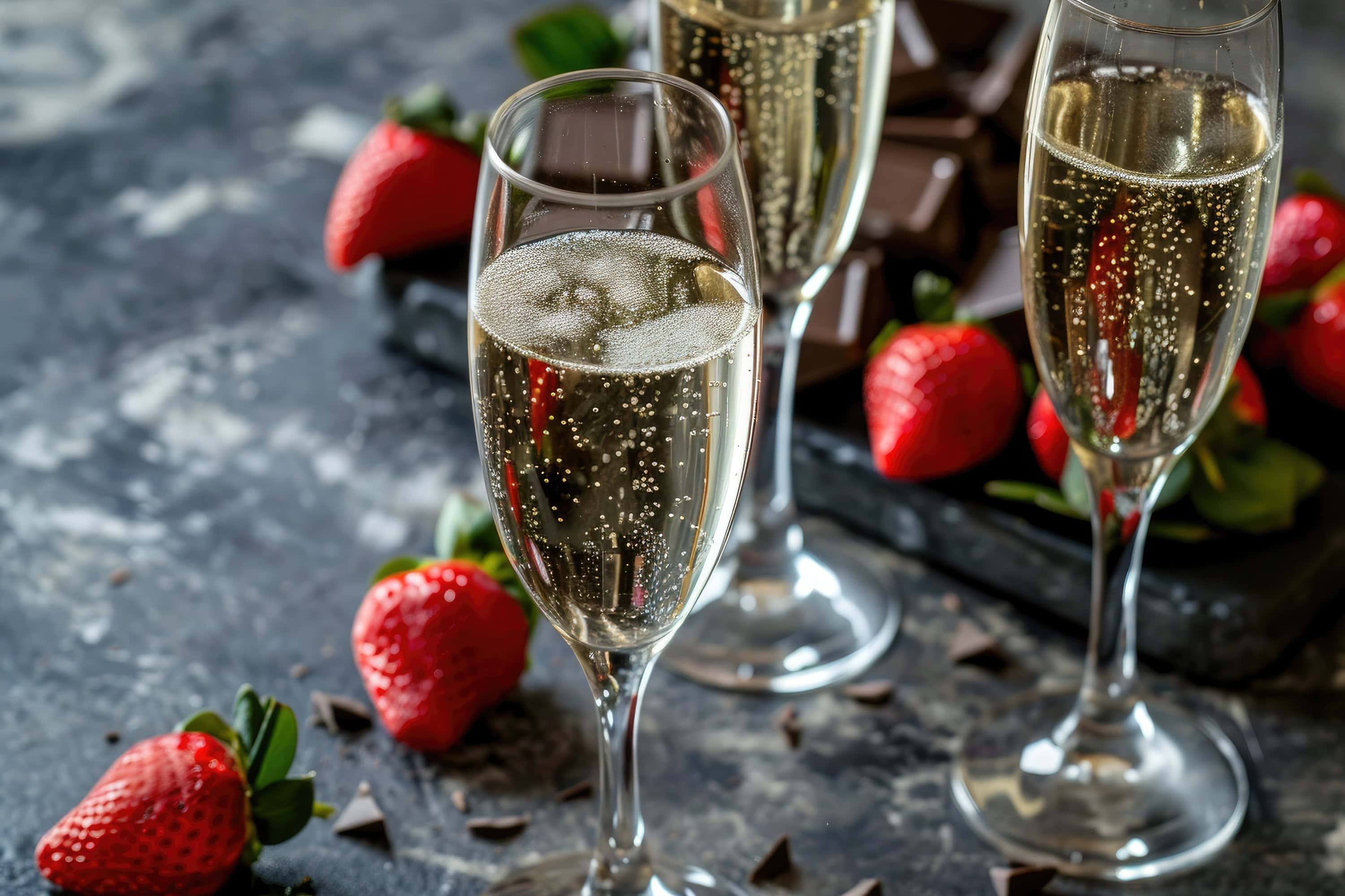 Glasses of sparkling wine served with fresh strawberries and dark chocolate pieces on a dark textured surface, perfect for a romantic or celebratory setting.
