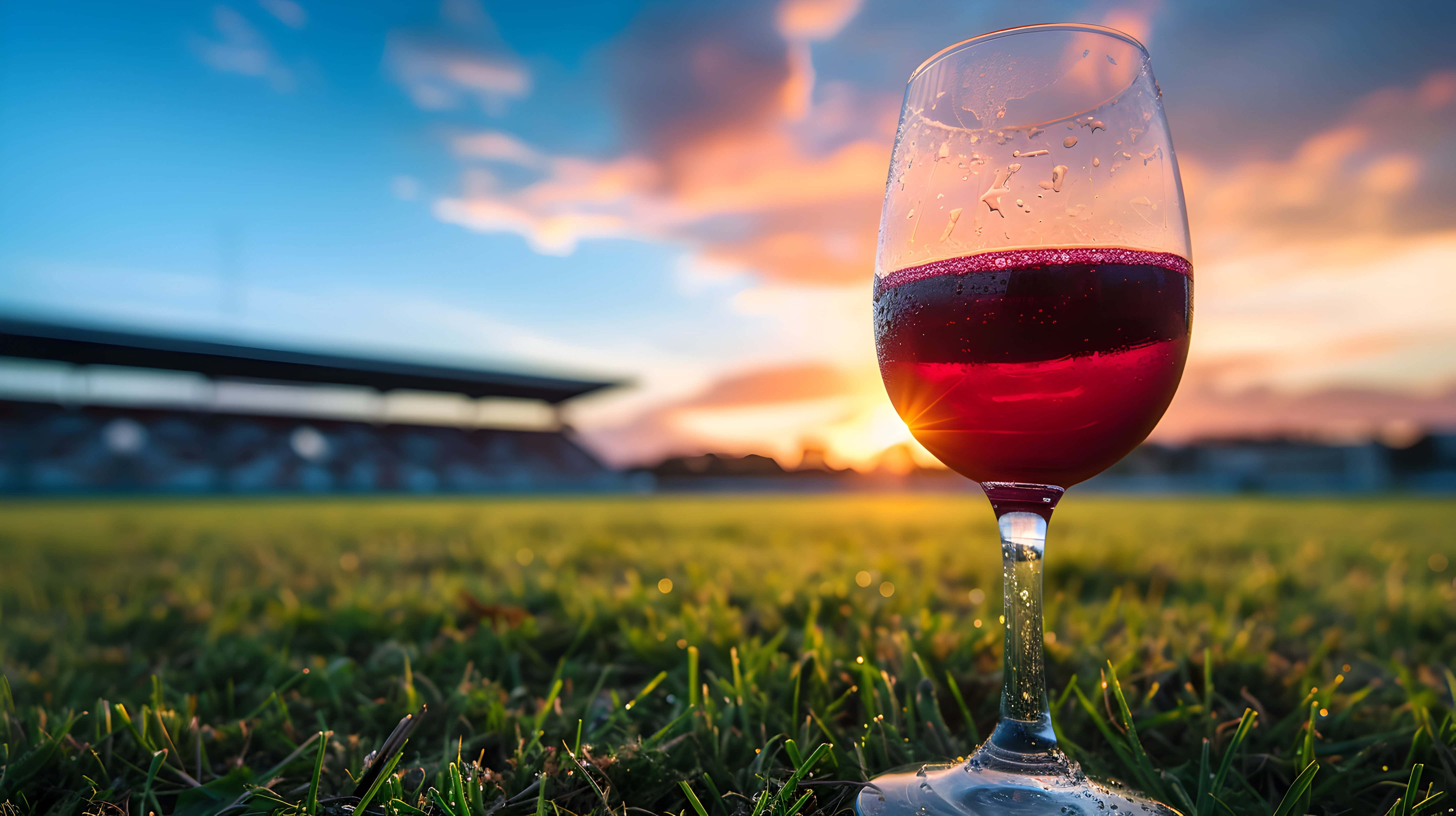 Glass of red wine on grass with stadium in background at sunset, capturing a vibrant outdoor wine experience during golden hour.