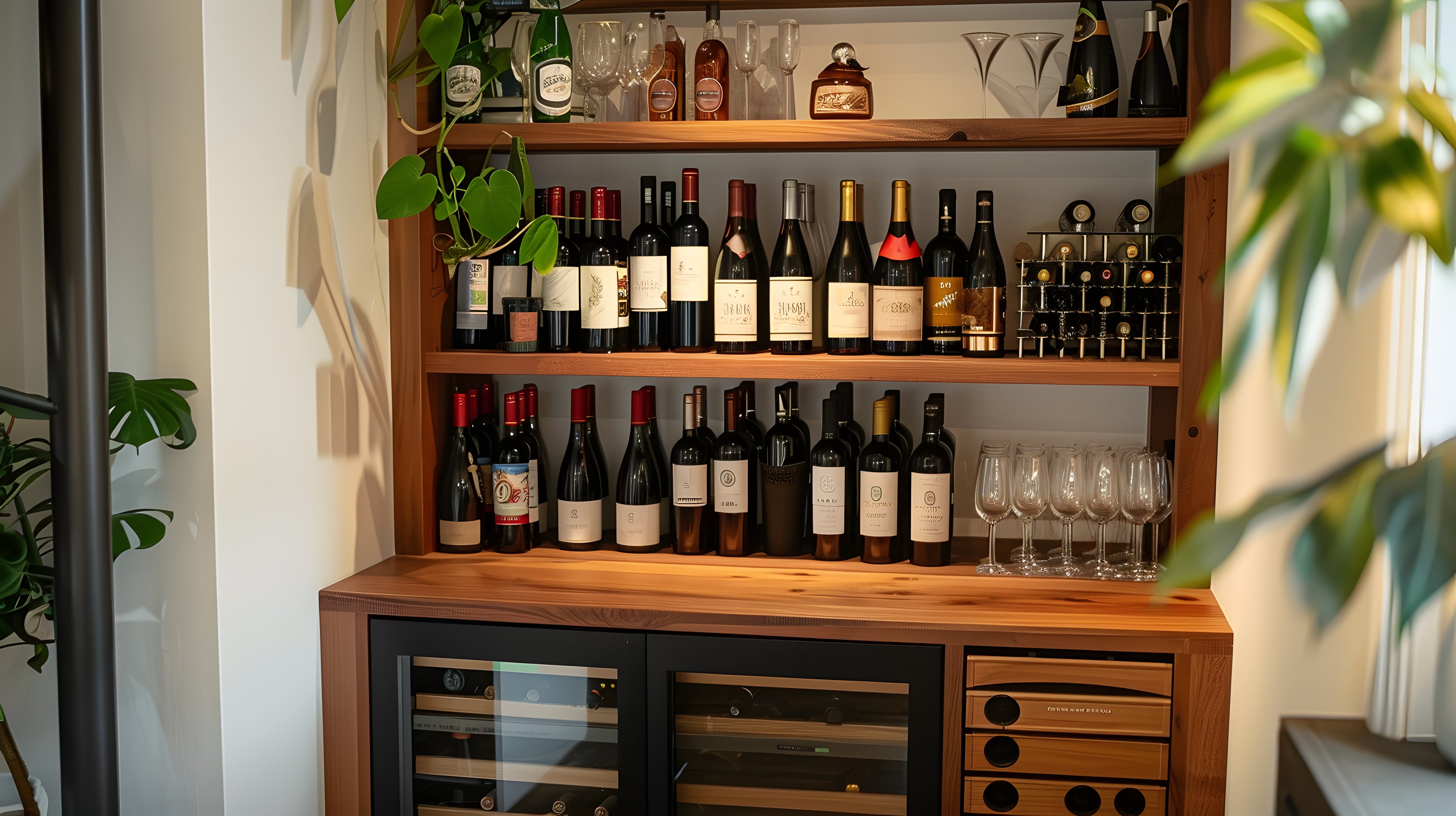 Home wine storage with wooden shelves holding a variety of wine bottles, glassware, and a wine cooler cabinet below, surrounded by indoor plants.
