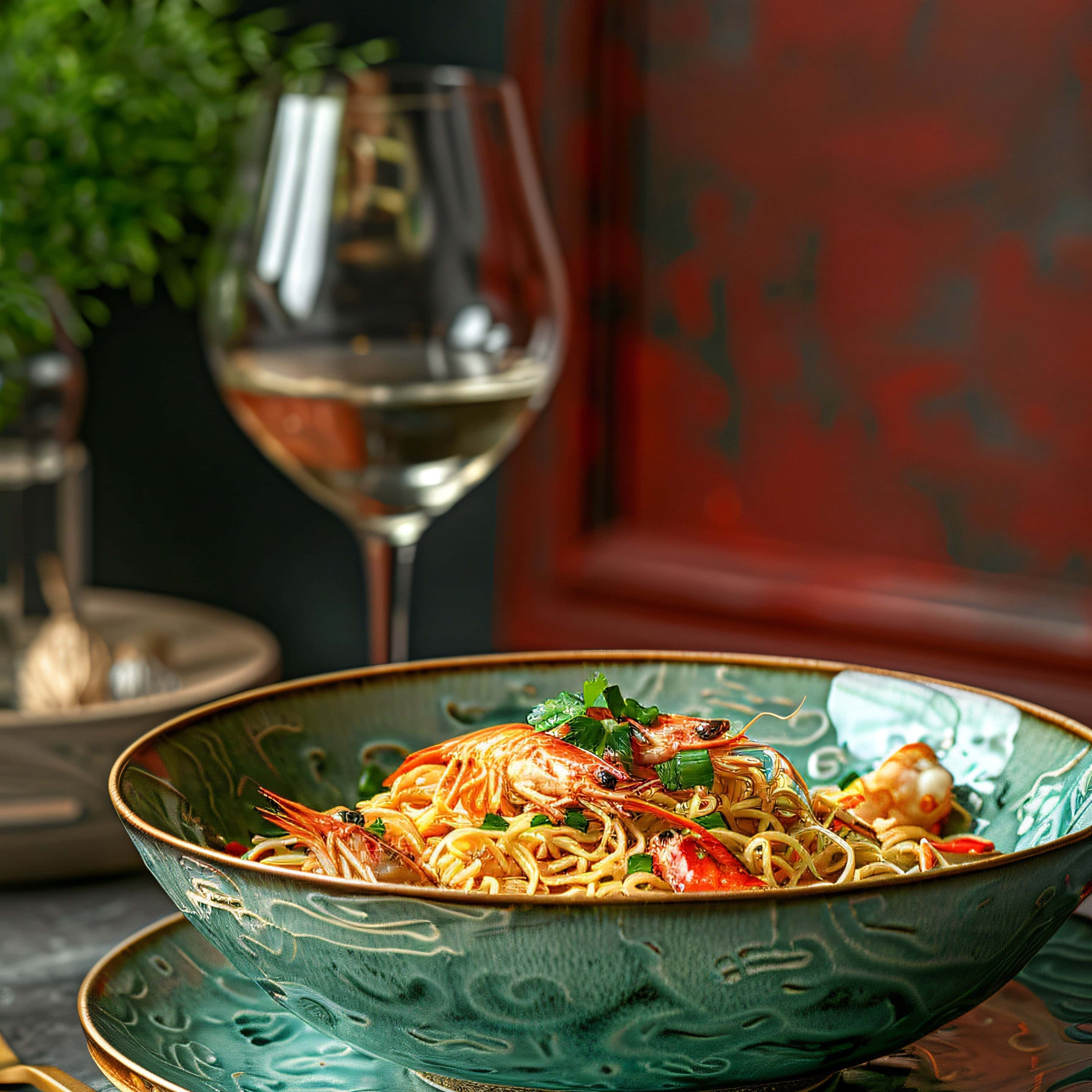 Elegant seafood noodle dish garnished with shrimp and herbs, served in a decorative green bowl, paired with a glass of white wine on a fine dining table setting.