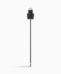 Black barbecue skewer with a large handle and a pointed end, designed for grilling or holding food items.